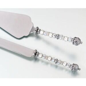 Lillian Rose Set Silver‎ Metal Cake Knife & Pie Server Glass Beads Wedding